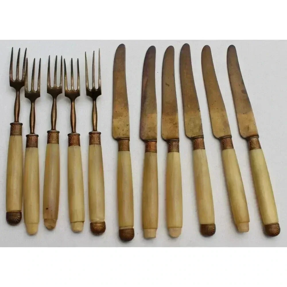 Antique 1800s Victorian Bone Fork & Knife Set Utensils Silverware